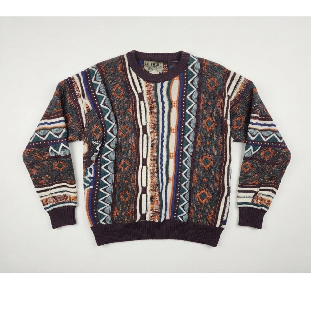 Vintage 90s Le Tigre M Chunky Texture 3D Knit Grandpa Dad Sweater Multicolor